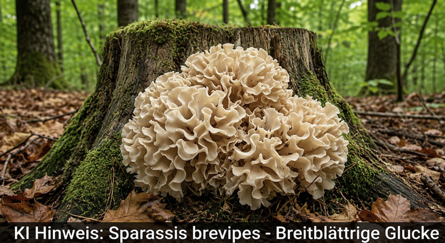 Breitblättrige Glucke - Bild exemplarisch. KI generiert. Die Breitblättrige Glucke hat im Vergleich zur Krause Glucke deutlich größere Blätter und wächst an Laubholz (Krause Glucke ist an Nadelholz gebunden). 